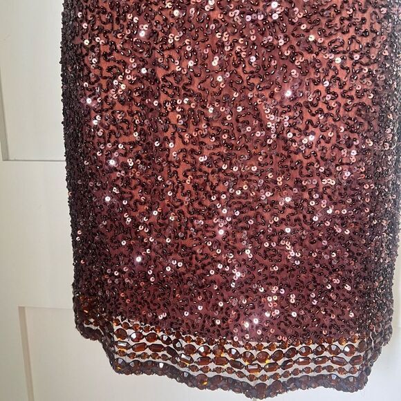Scala Sequin Silk Strapless Bodycon Copper Brown Mini Sparkly Glam Mini Dress  6 - Picture 9 of 13